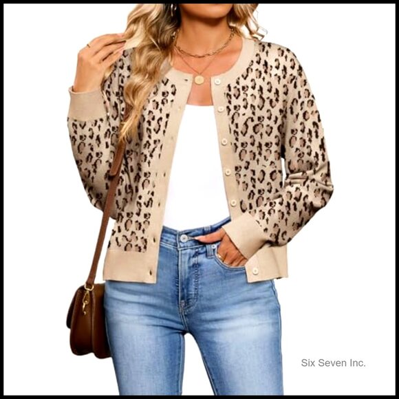 Lightweight Cardigan Sweater Crew Neck Button Down Long Sleeve Chic Spring - Picture 3 of 7